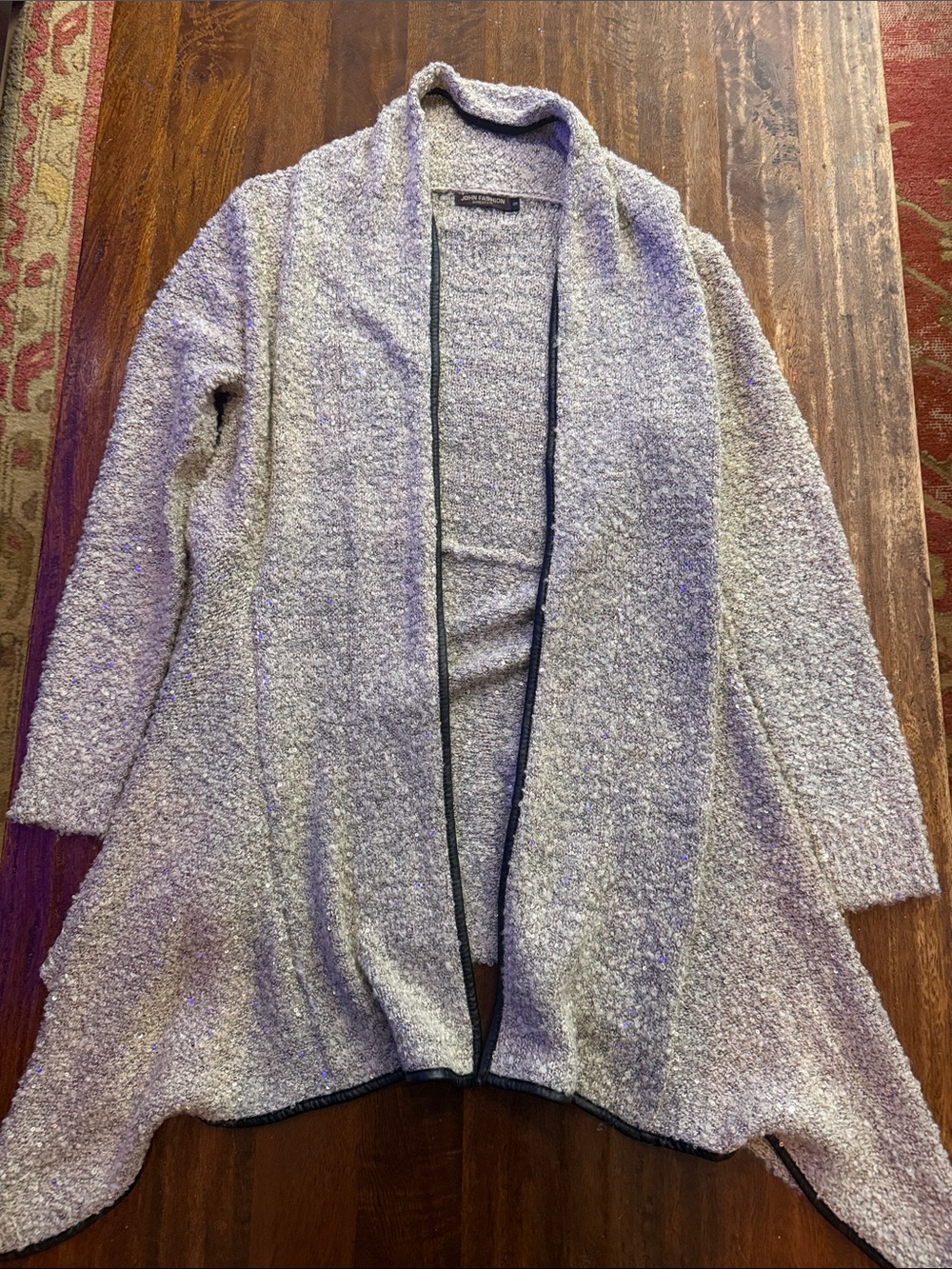 Anthropologie Open-Front Sequined Bouclé Cardigan Leather Trim NEW